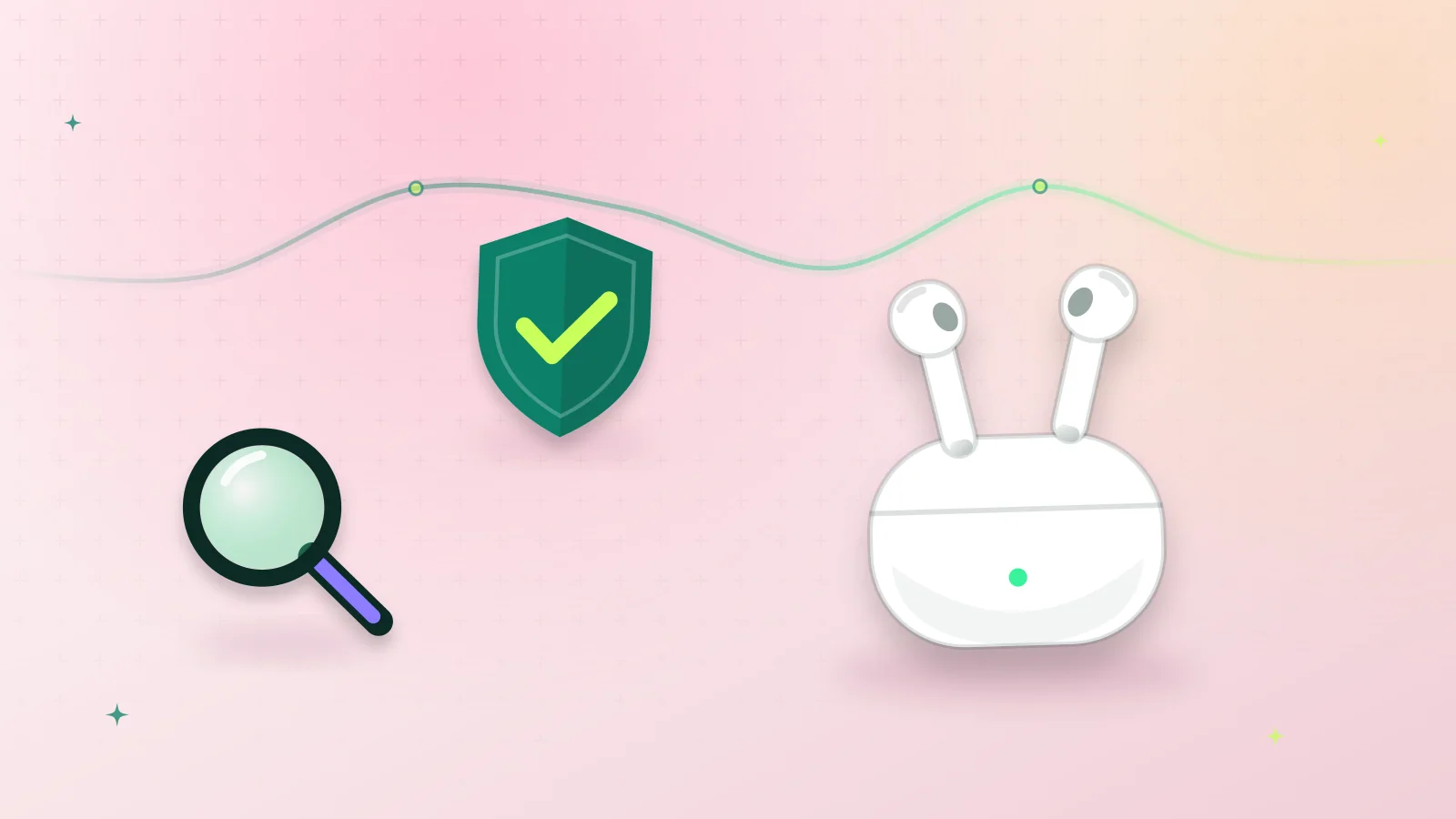 Illustration of white wireless earbuds in a charging case with an authenticity shield and a magnifying glass