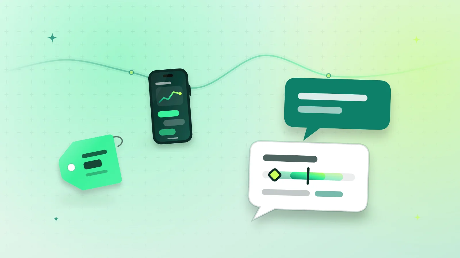 Illustration of DAAM chat bubbles next to a smartphone and a price tag, representing questions in Urdu and Roman Urdu