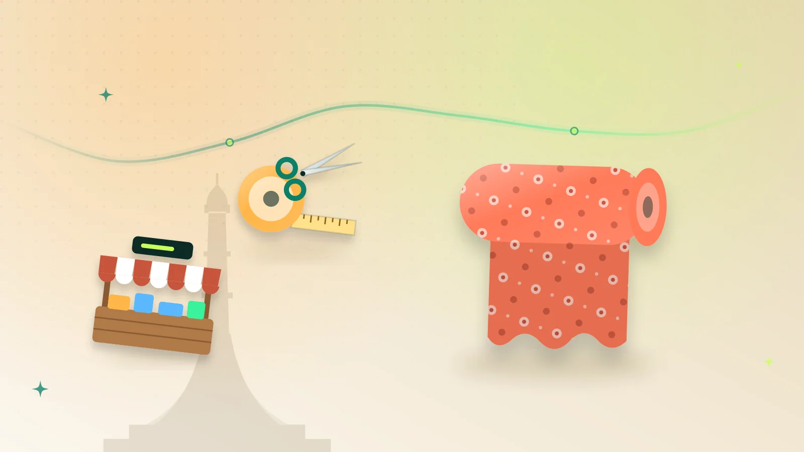 Illustration of fabric rolls, a measuring tape with scissors and a market stall with the Minar-e-Pakistan behind