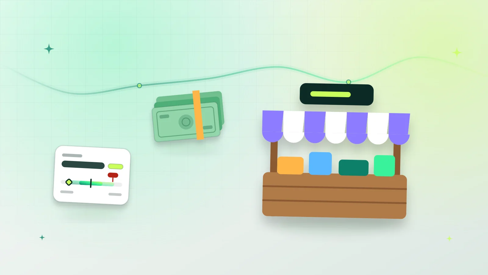Illustration of a market stall, cash and a price range card used to bargain for a fair price