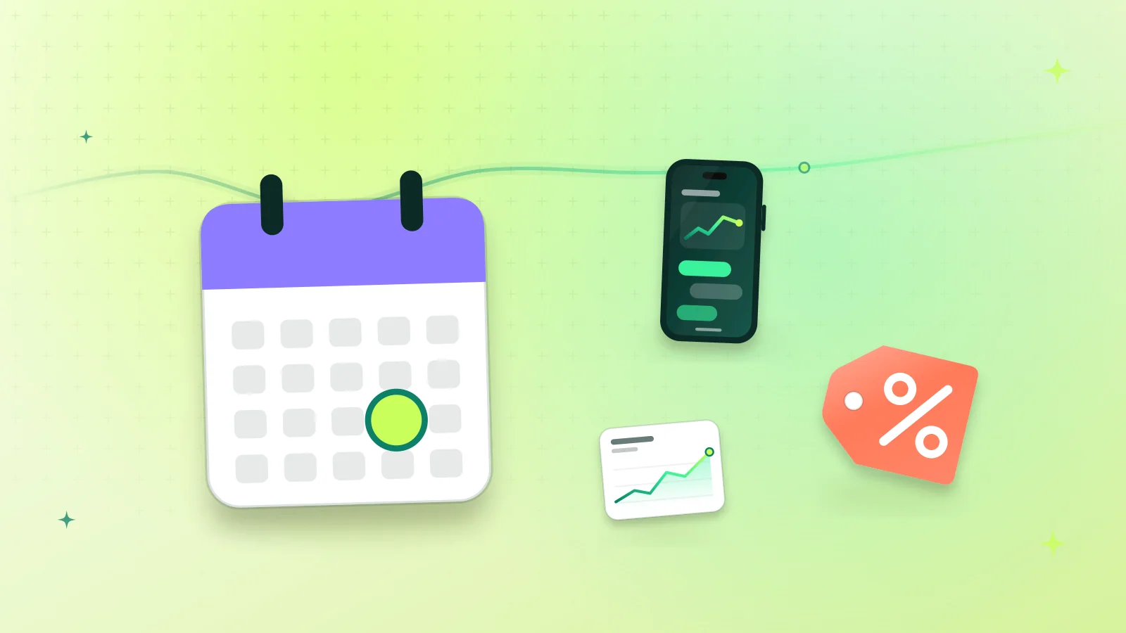 Illustration of a calendar with a highlighted date, a smartphone, a discount tag and a price history chart