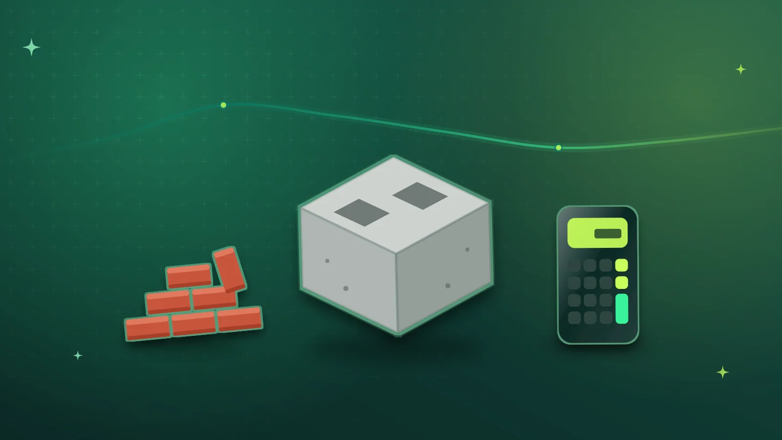 Illustration of a hollow concrete block beside a stack of clay bricks and a calculator