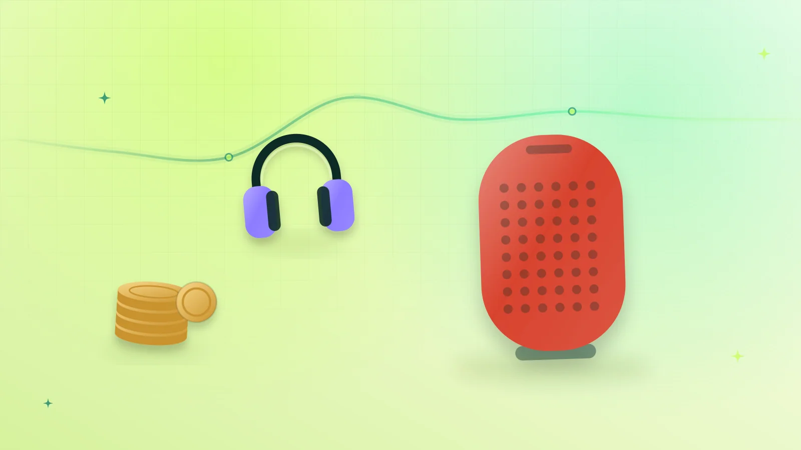 Illustration of a portable Bluetooth speaker with over-ear headphones and a stack of coins