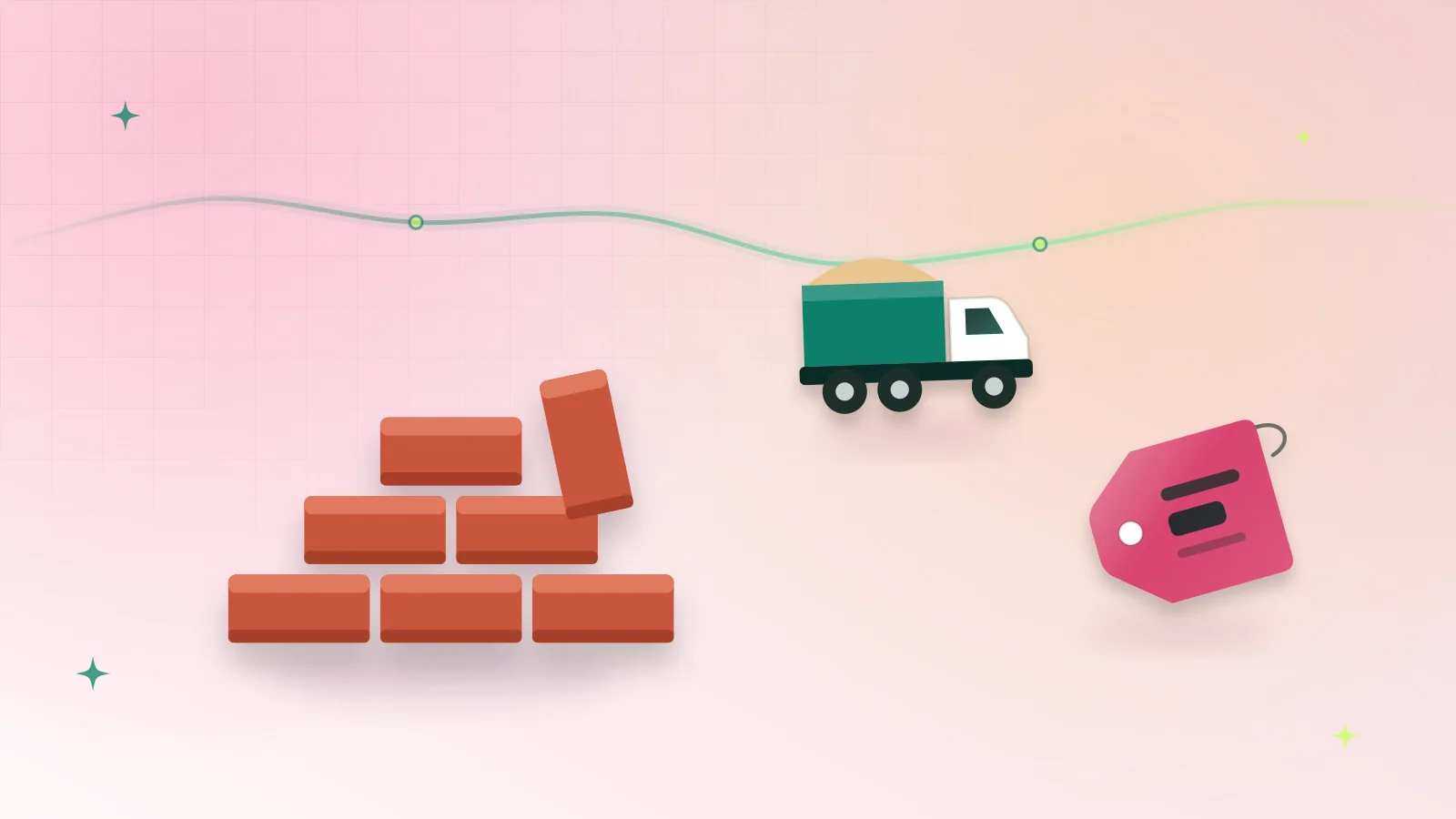 Illustration of a stack of red clay bricks, a delivery truck and a price tag
