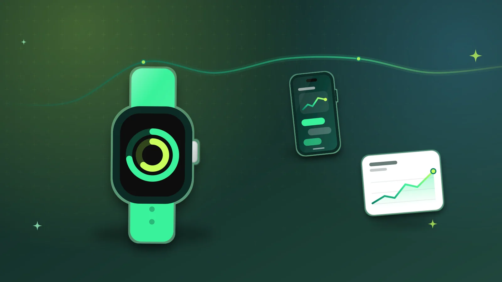 Illustration of a smartwatch showing activity rings beside a smartphone and a fitness chart