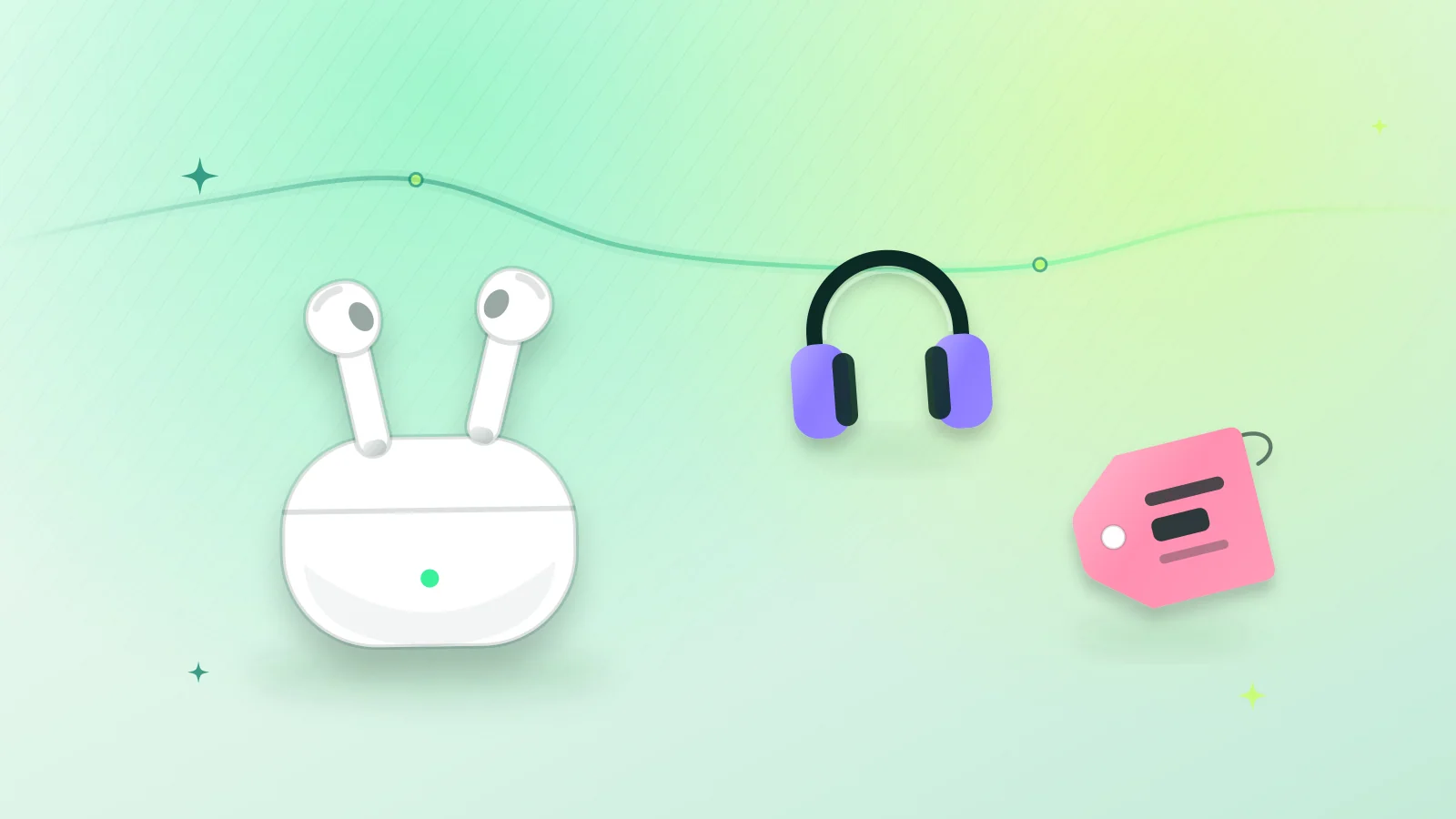 Illustration of wireless earbuds in an open case beside over-ear headphones and a price tag