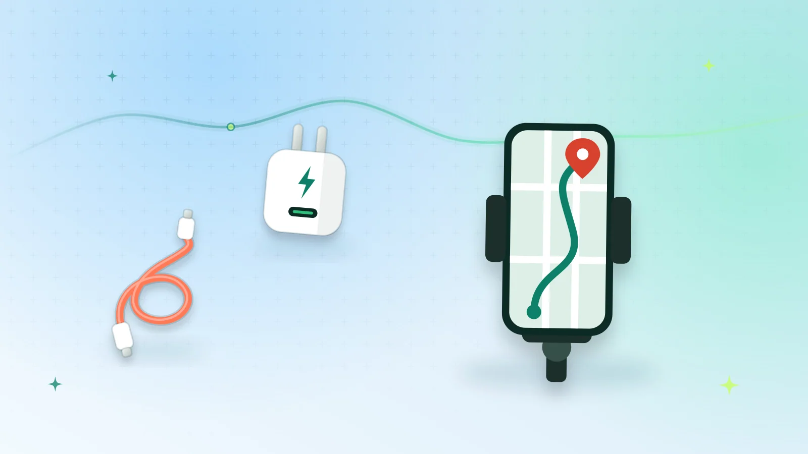 Illustration of a phone in a car mount showing a navigation map, with a car charger and a USB cable
