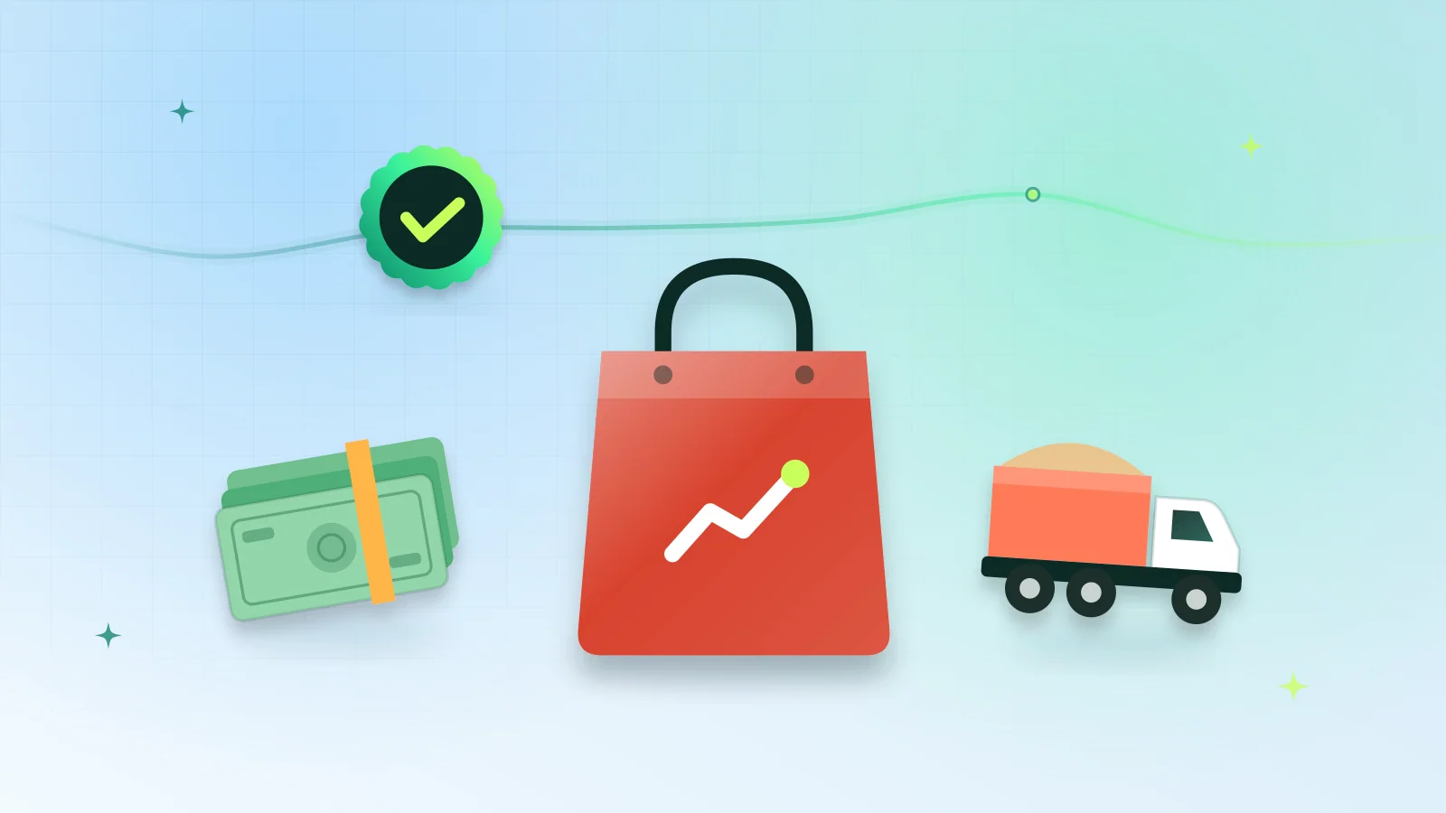 Illustration of a shopping bag, cash, a delivery truck and a check badge for buying online with cash on delivery