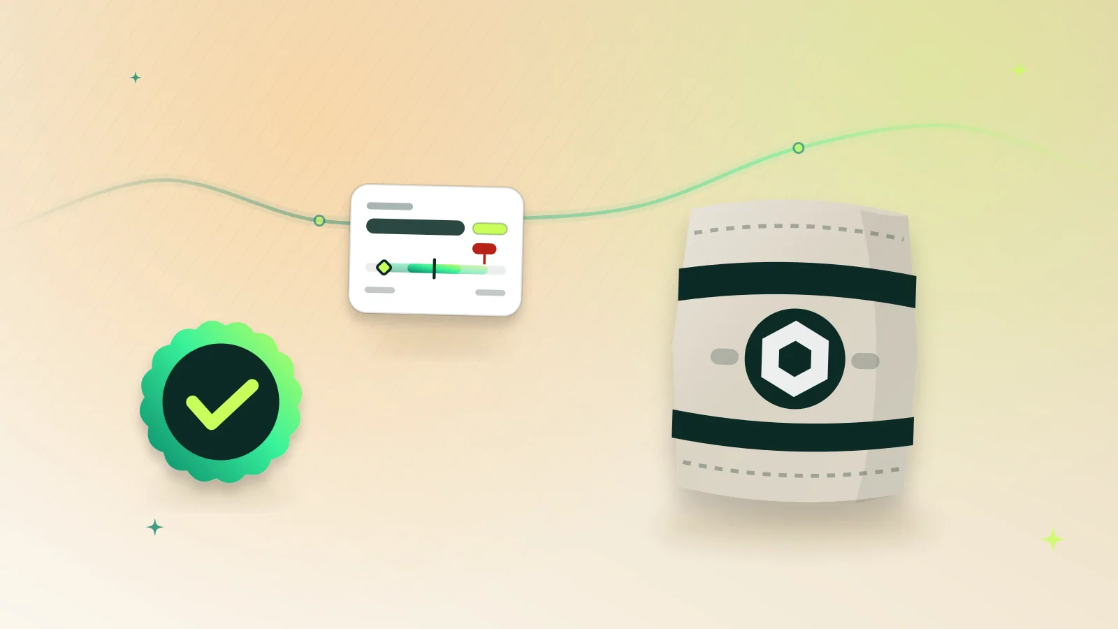 Illustration of a 50 kg cement bag beside a price range card and a verified check badge