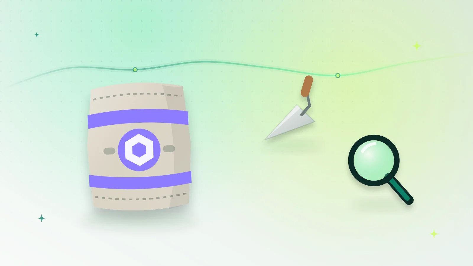 Illustration of a cement bag and a mason’s trowel examined with a magnifying glass