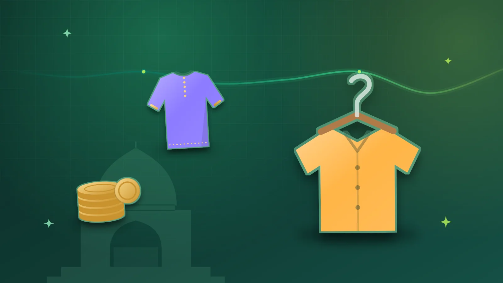 Illustration of a shirt on a hanger, a kurta and coins in front of the Mazar-e-Quaid, Karachi