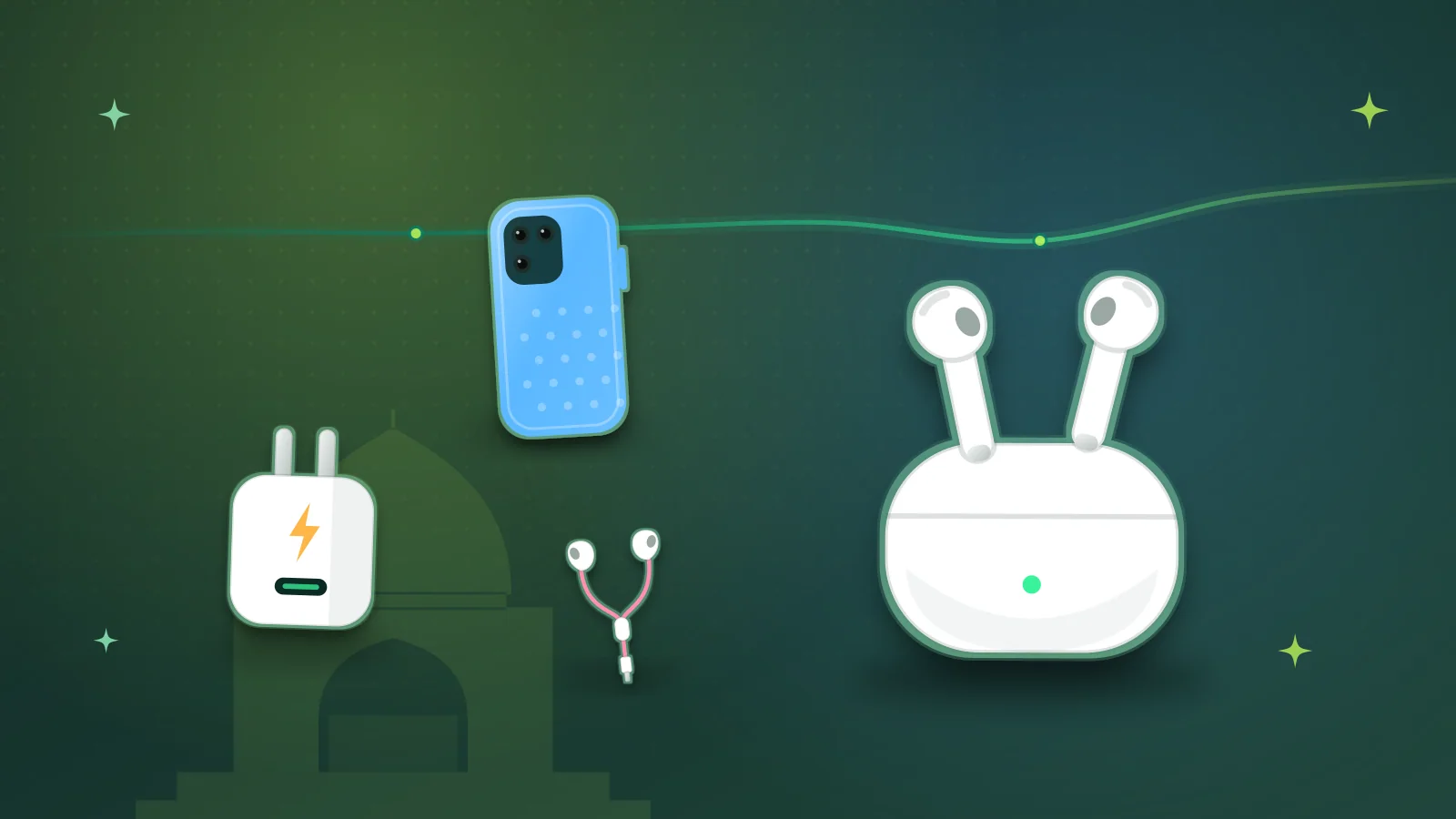 Illustration of wireless earbuds, a phone case, a charger and wired handsfree in front of Mazar-e-Quaid, Karachi