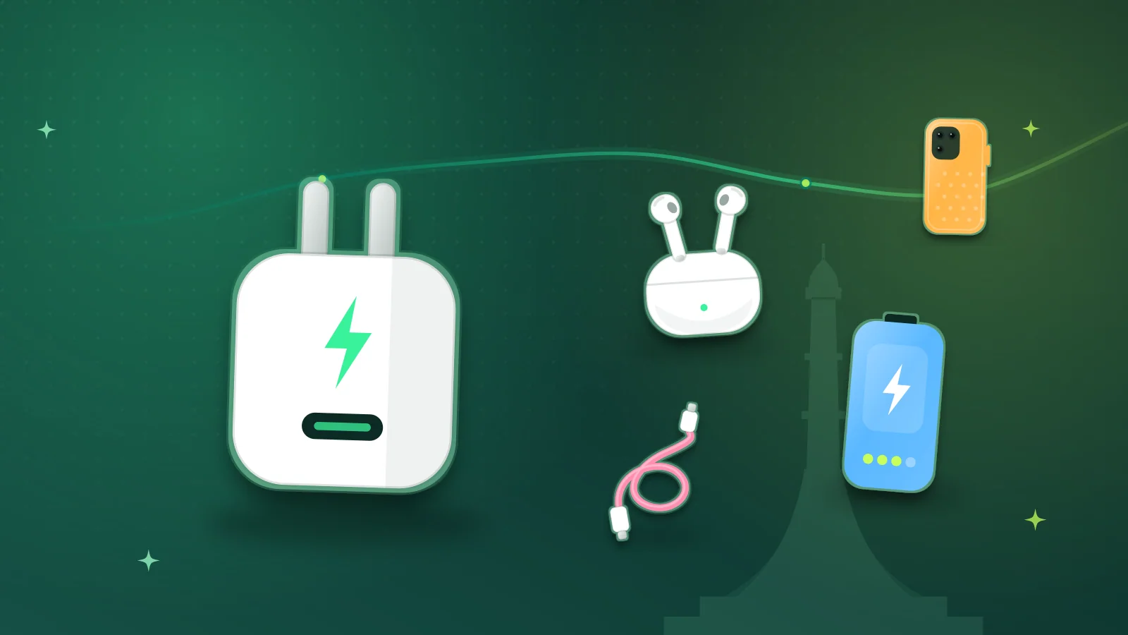 Illustration of a phone charger, wireless earbuds, a power bank, a USB cable and a phone case in front of Minar-e-Pakistan, Lahore