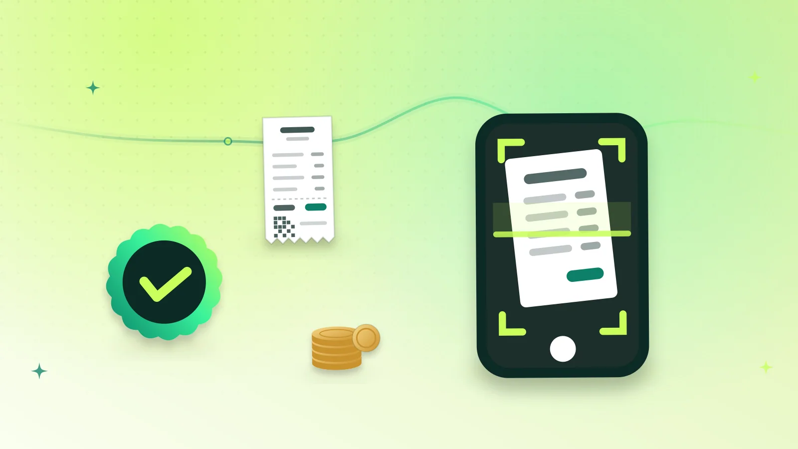 Illustration of a phone camera scanning a shop receipt, with a verified check badge and a stack of coins