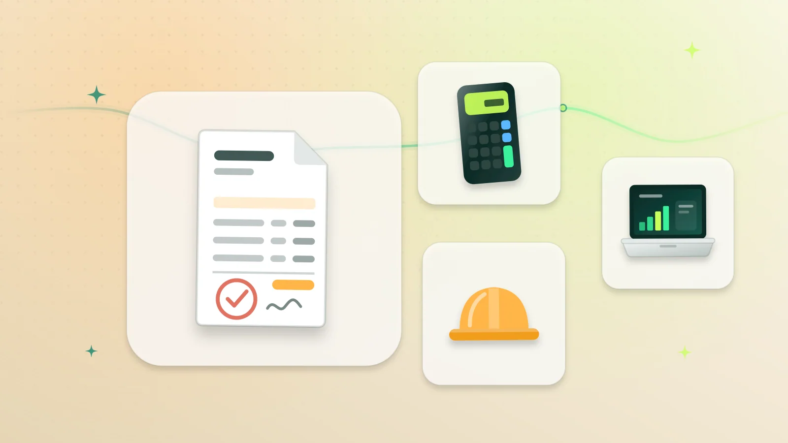 Illustration of a stamped quotation document with a calculator, a builder’s hard hat and a laptop