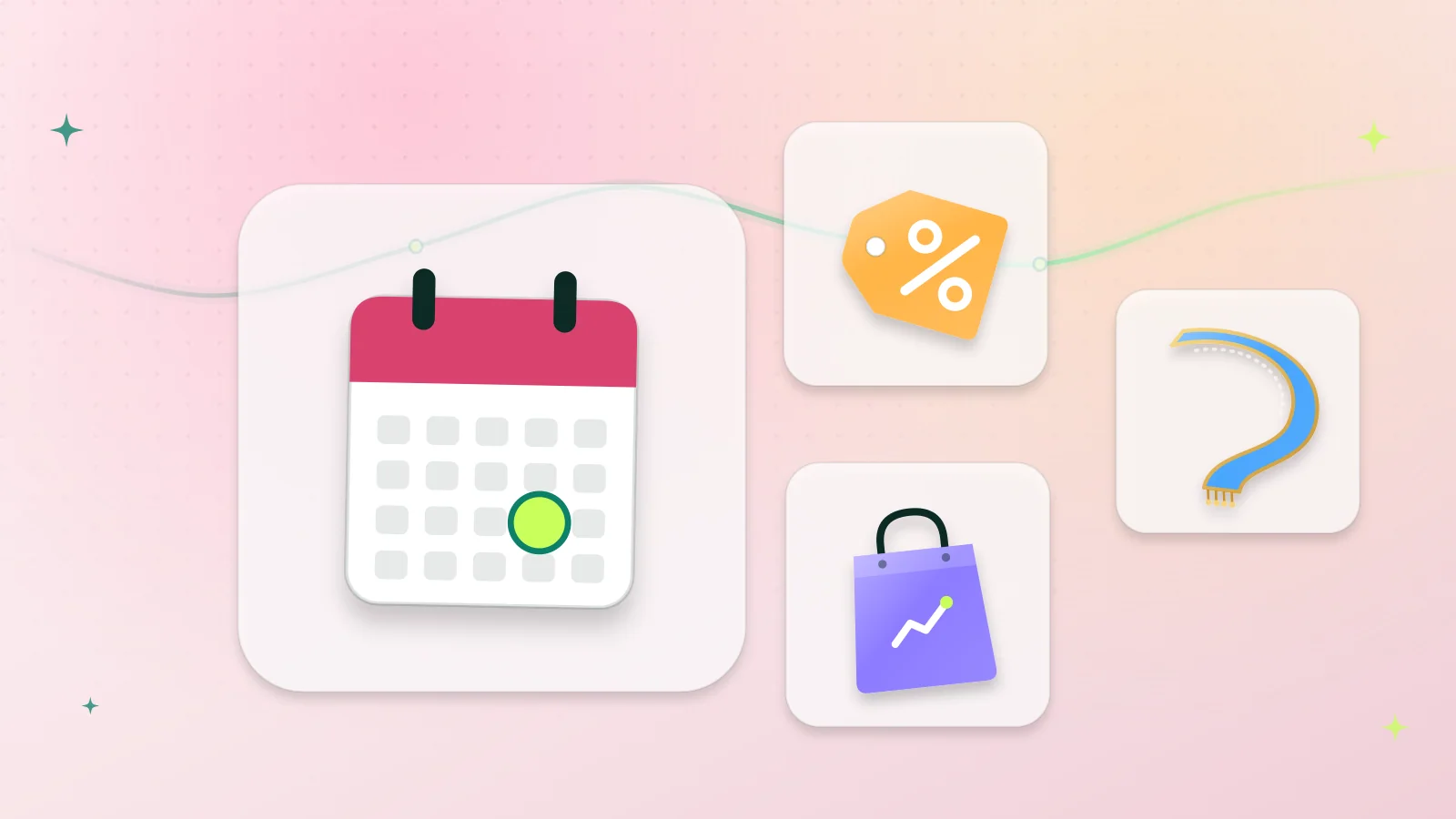 Illustration of a calendar, a discount tag, a shopping bag and a dupatta, representing clothing sale seasons