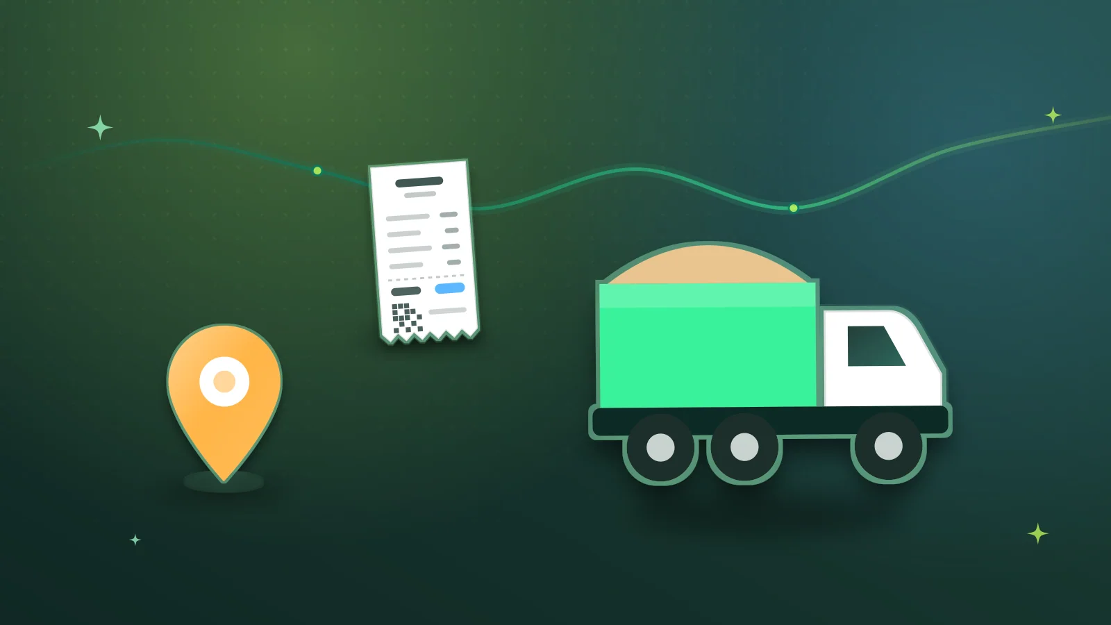 Illustration of a delivery truck, a delivery receipt and a map pin marking a building site