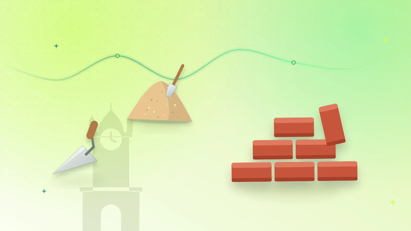Illustration of bricks, a pile of sand and a trowel in front of the Faisalabad Clock Tower