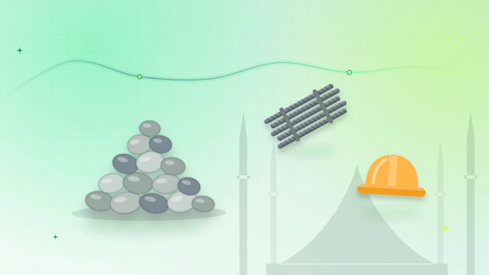 Illustration of a pile of crushed stone, steel bars and a hard hat in front of the Faisal Mosque, Islamabad
