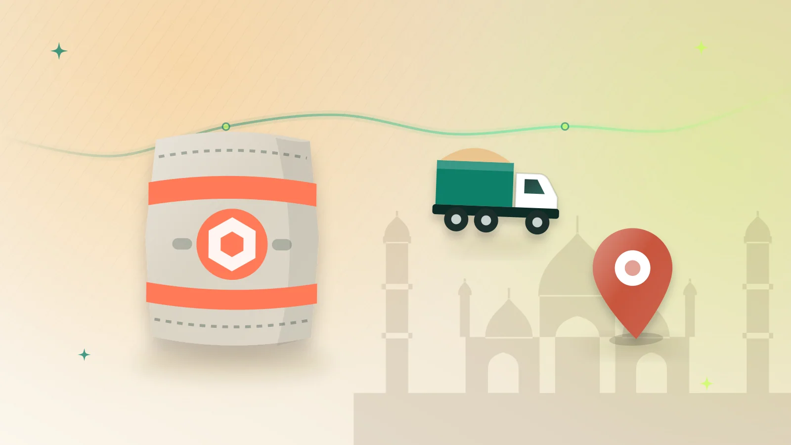 Illustration of a cement bag, a delivery truck and a map pin in front of the Badshahi Mosque, Lahore