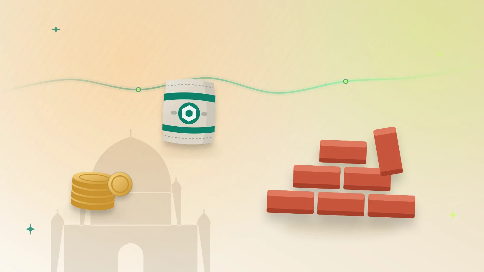 Illustration of bricks, a cement bag and coins in front of the shrine of Shah Rukn-e-Alam, Multan