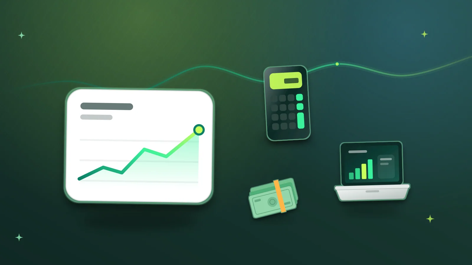 Illustration of a price chart card, a calculator, a laptop and banknotes, representing price benchmarking for businesses
