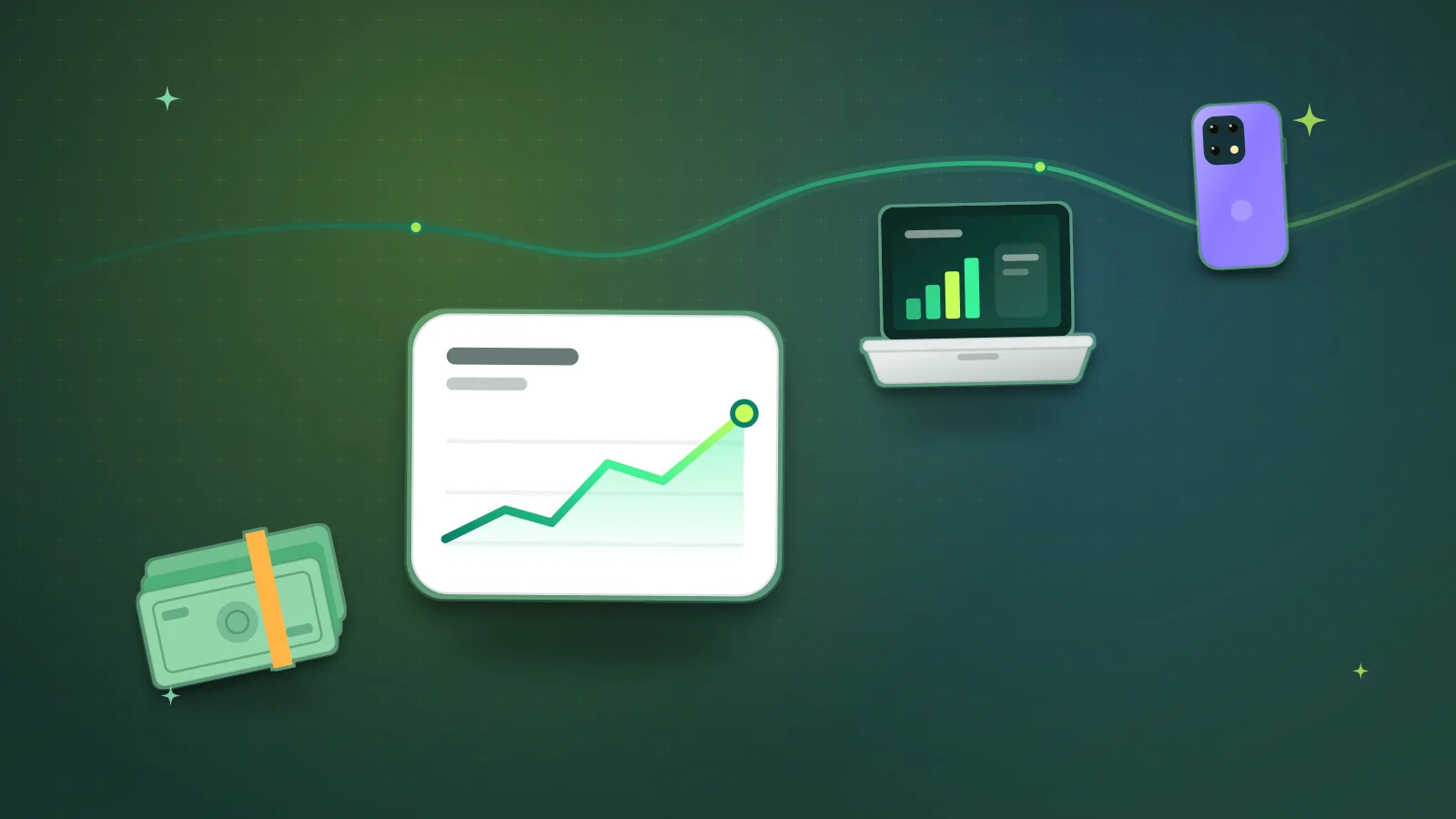 Illustration of a rising price chart with banknotes, a laptop and a smartphone