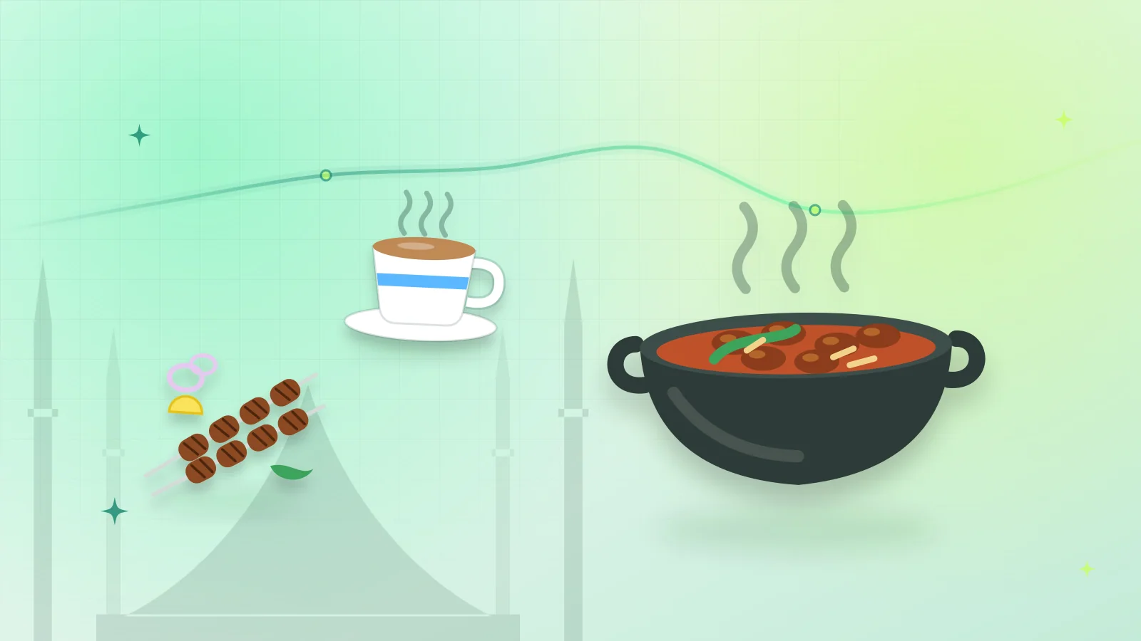 Illustration of a karahi, a cup of chai and kebabs in front of the Faisal Mosque, Islamabad