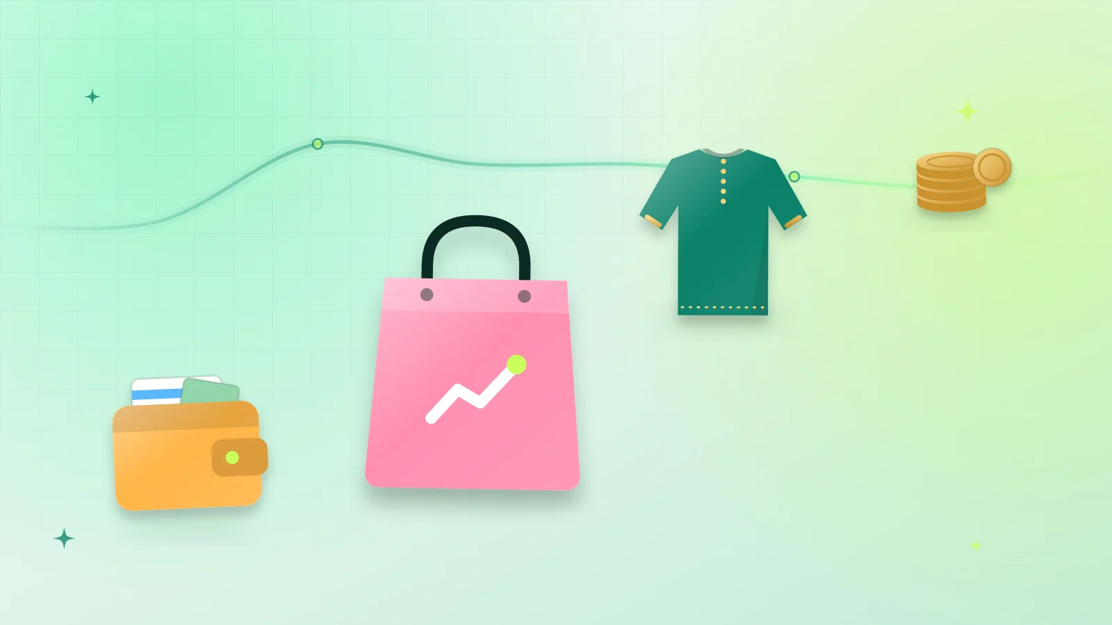 Illustration of a shopping bag, a wallet, a festive kurta and coins for Eid shopping