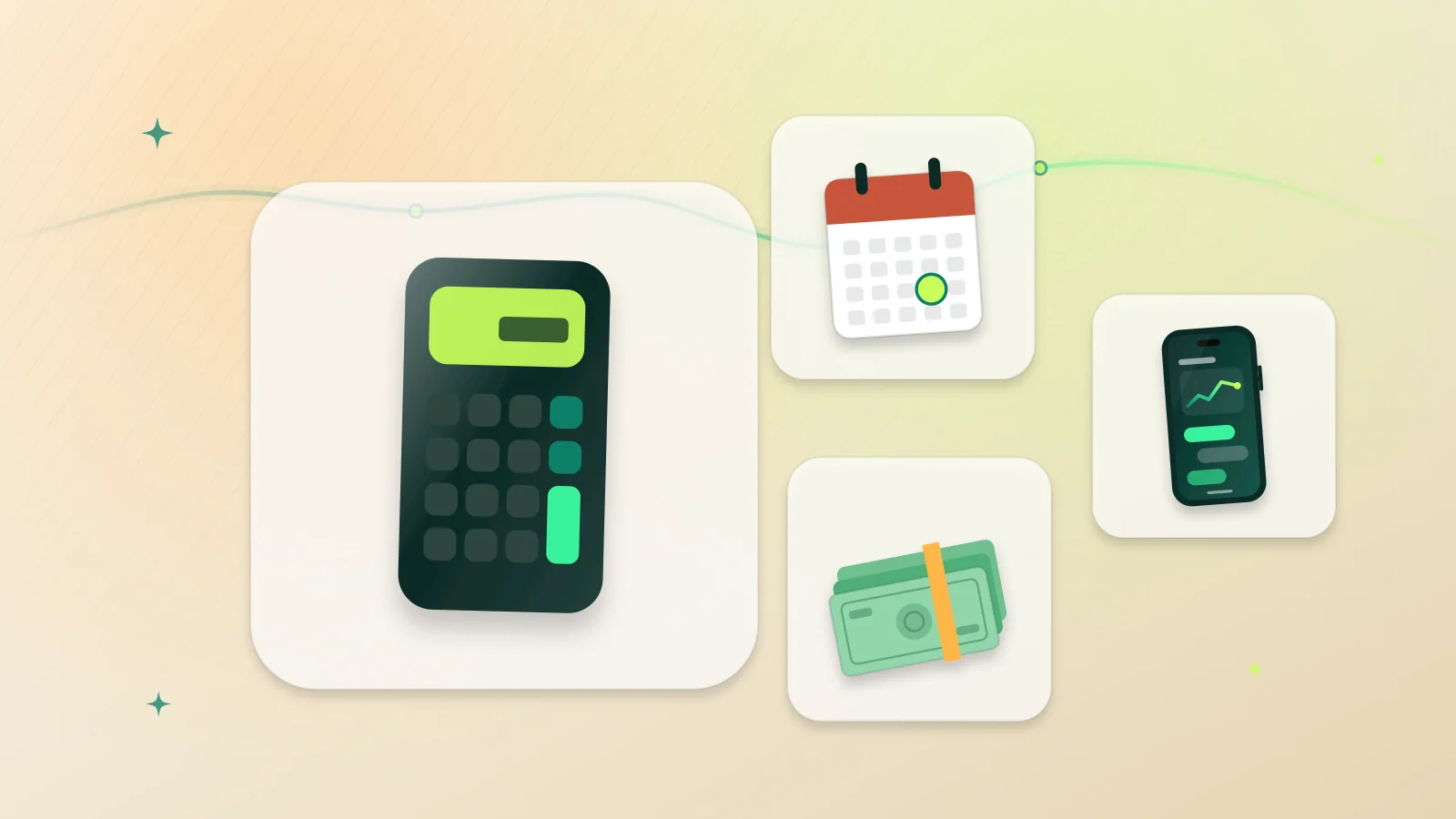 Illustration of a calculator, a calendar of monthly payments, banknotes and a smartphone