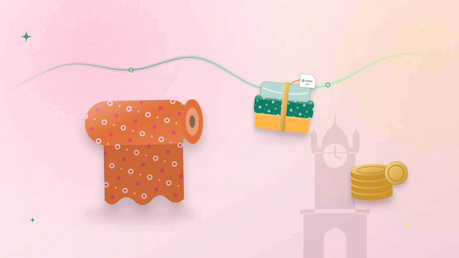 Illustration of a fabric roll, an unstitched suit and coins in front of the Faisalabad Clock Tower