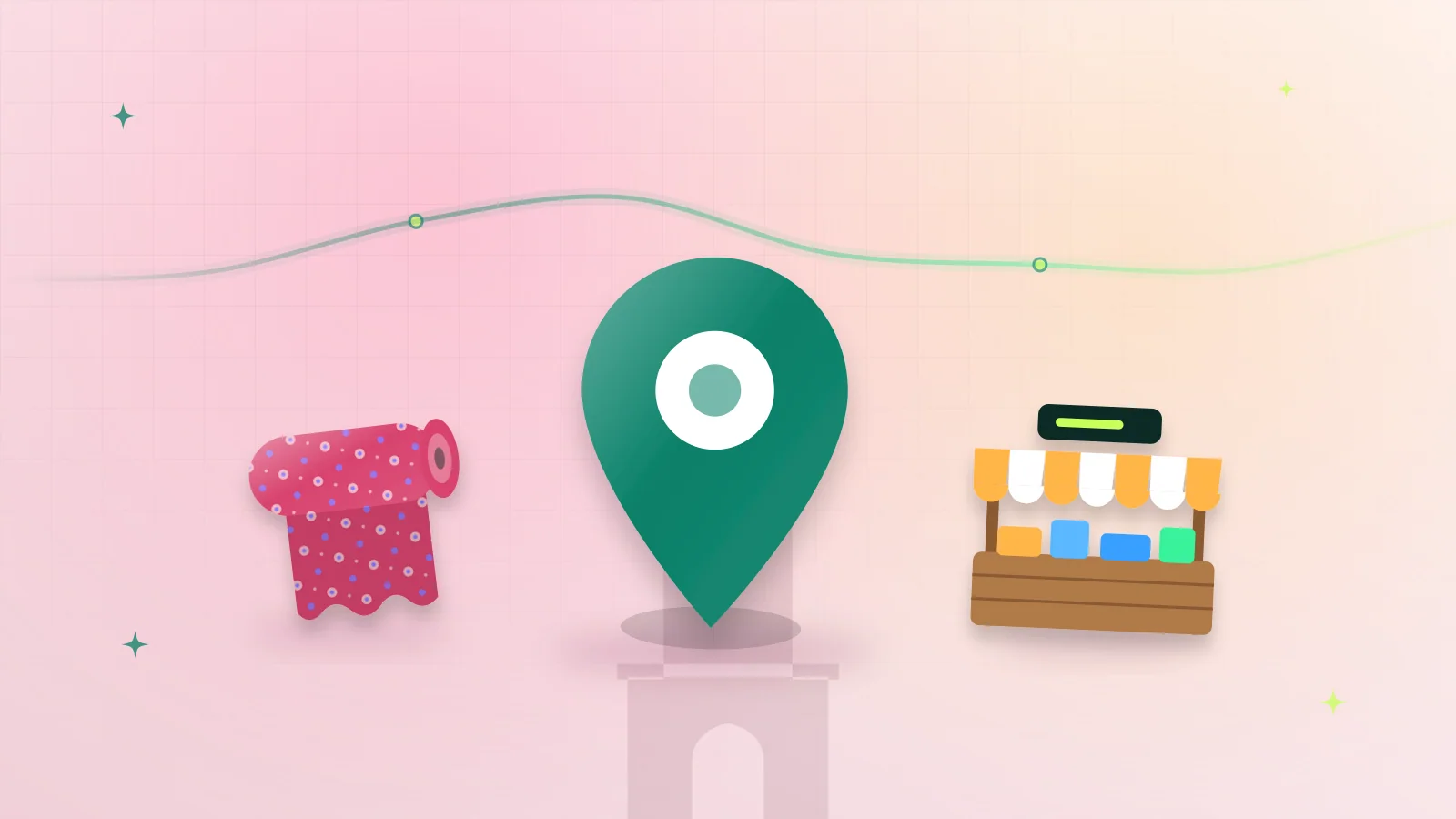 Illustration of a map pin, a roll of fabric and a market stall in front of the Faisalabad Clock Tower