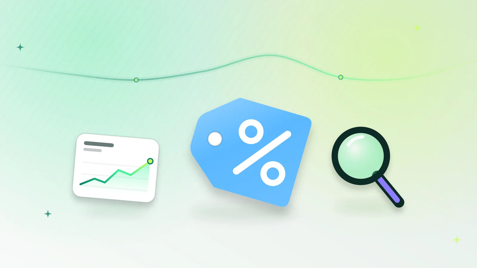 Illustration of a percent discount tag, a price history chart and a magnifying glass checking a sale