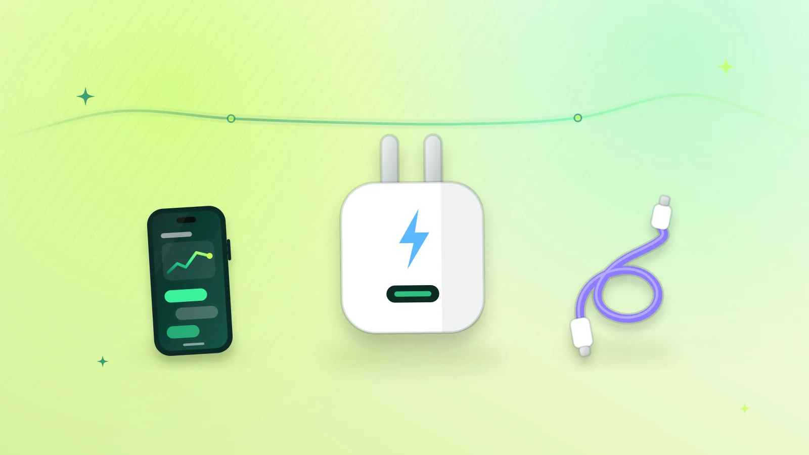 Illustration of a USB-C fast charger with a smartphone and a charging cable
