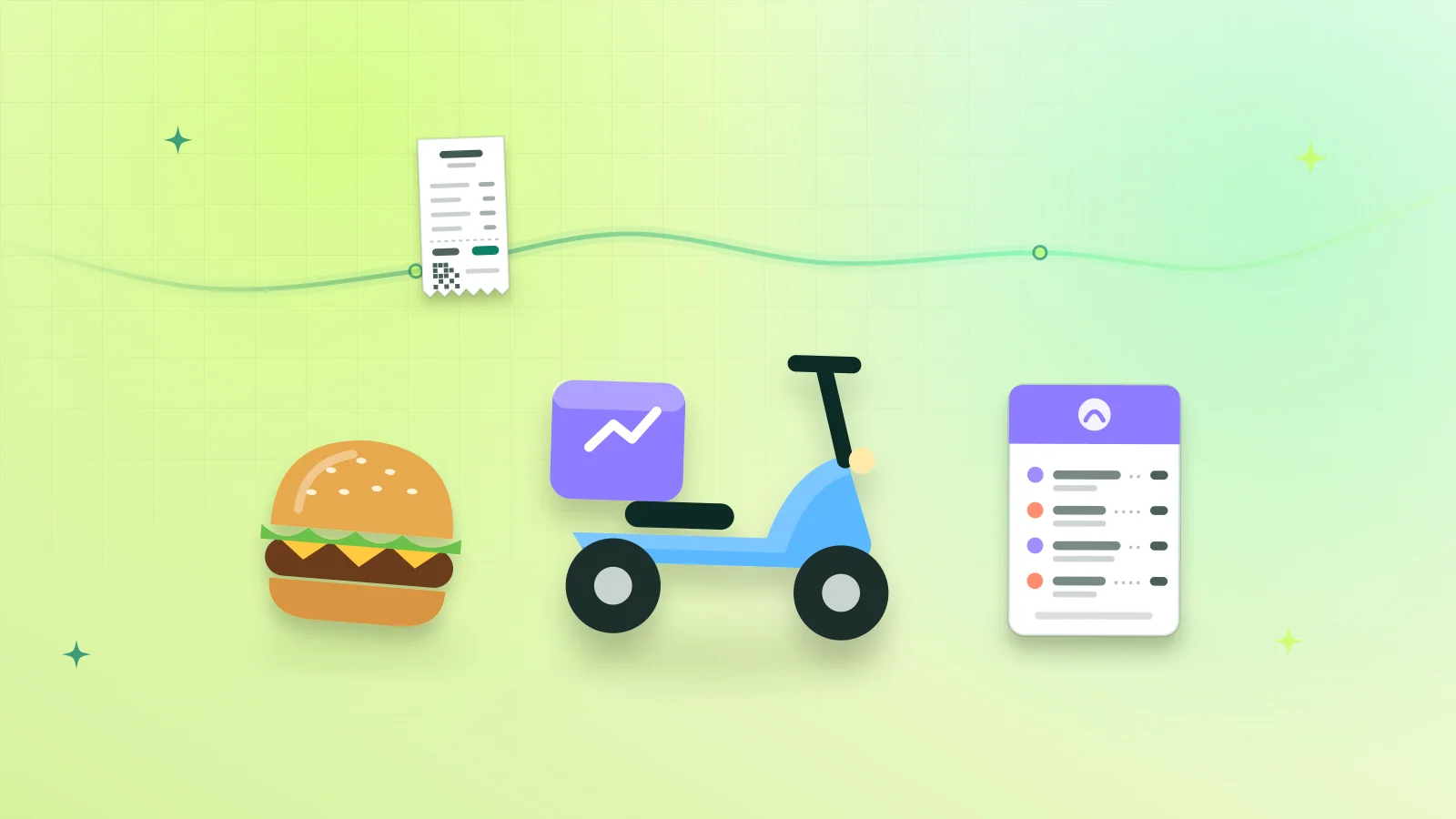 Illustration of a delivery scooter, a burger, a restaurant menu and a bill, comparing delivery and dine-in prices
