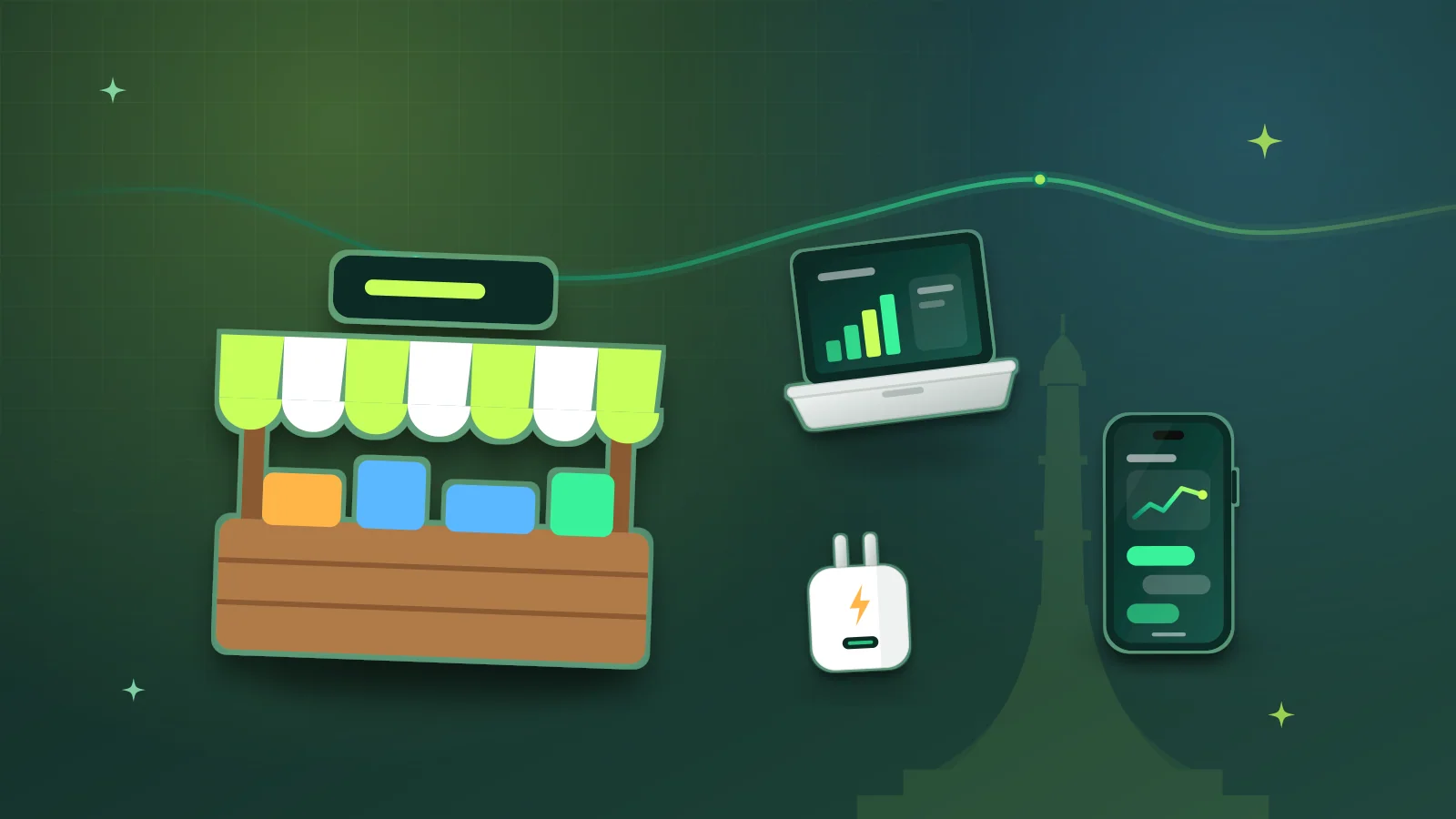Illustration of an electronics market stall with a laptop, a smartphone and a charger in front of Minar-e-Pakistan