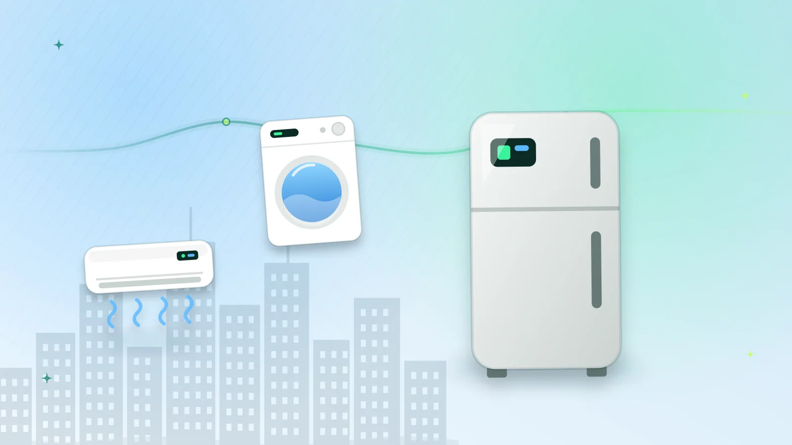 Illustration of a refrigerator, a washing machine and a split AC in front of the Karachi skyline