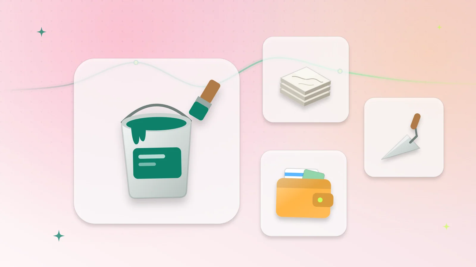 Illustration of a paint bucket, floor tiles, a wallet and a trowel for a home renovation budget