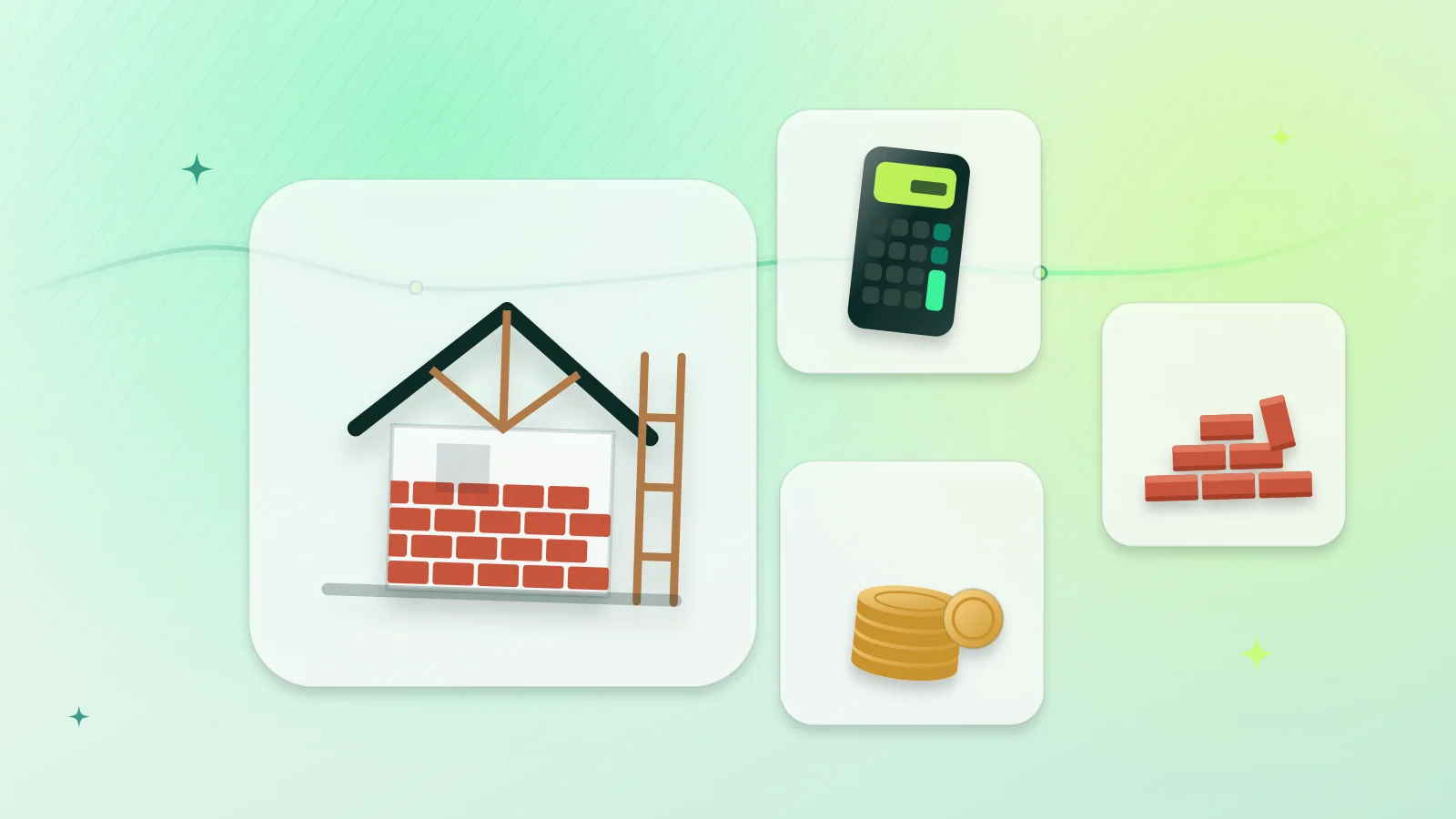 Illustration of a house under construction, a calculator, coins and a stack of bricks