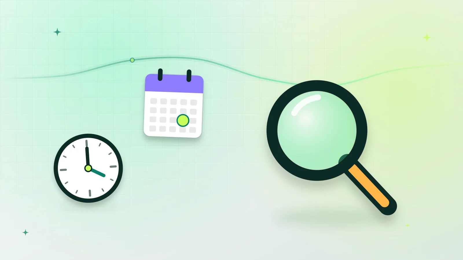 Illustration of a magnifying glass, a calendar and a clock, representing the search for recent verified prices