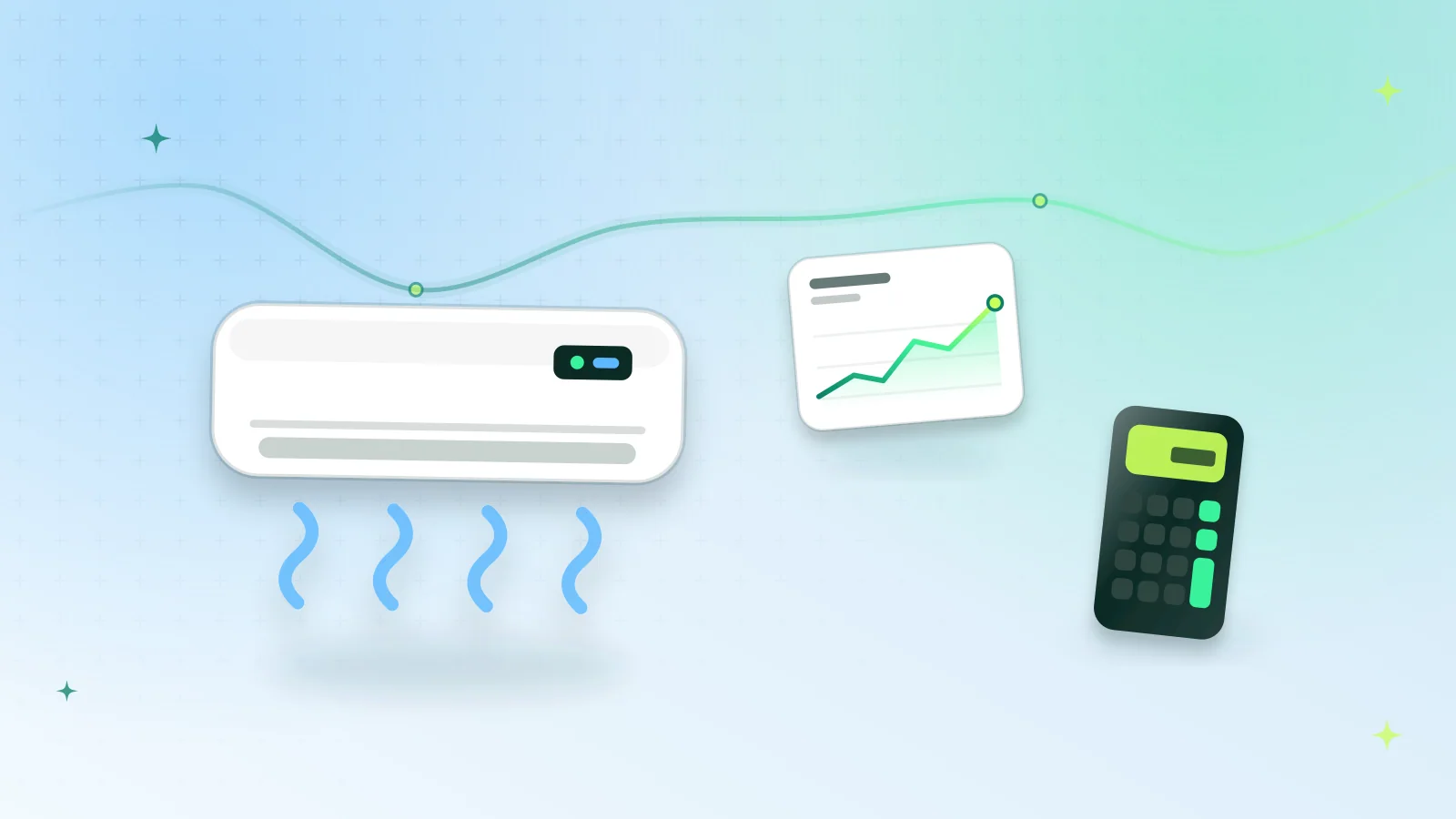 Illustration of a split air conditioner blowing cool air beside an electricity cost chart and a calculator