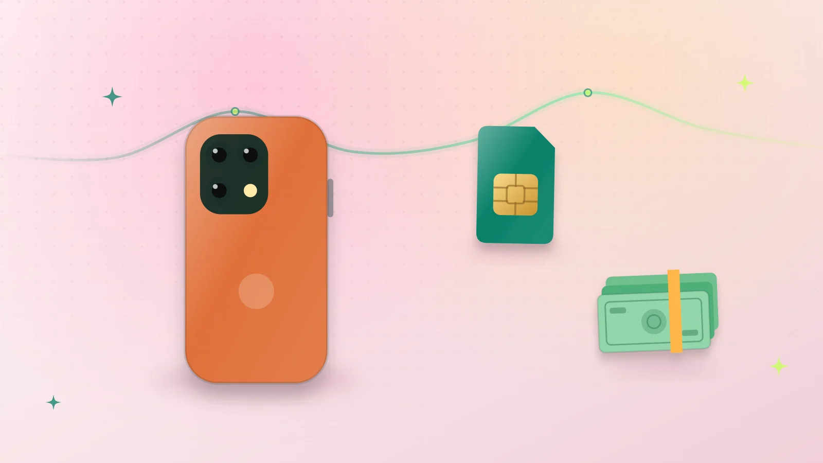 Illustration of the back of an iPhone-style smartphone with a SIM card and banknotes