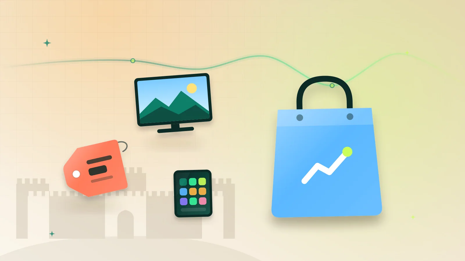 Illustration of a shopping bag, a TV, a tablet and a price tag in front of Bala Hisar fort, Peshawar