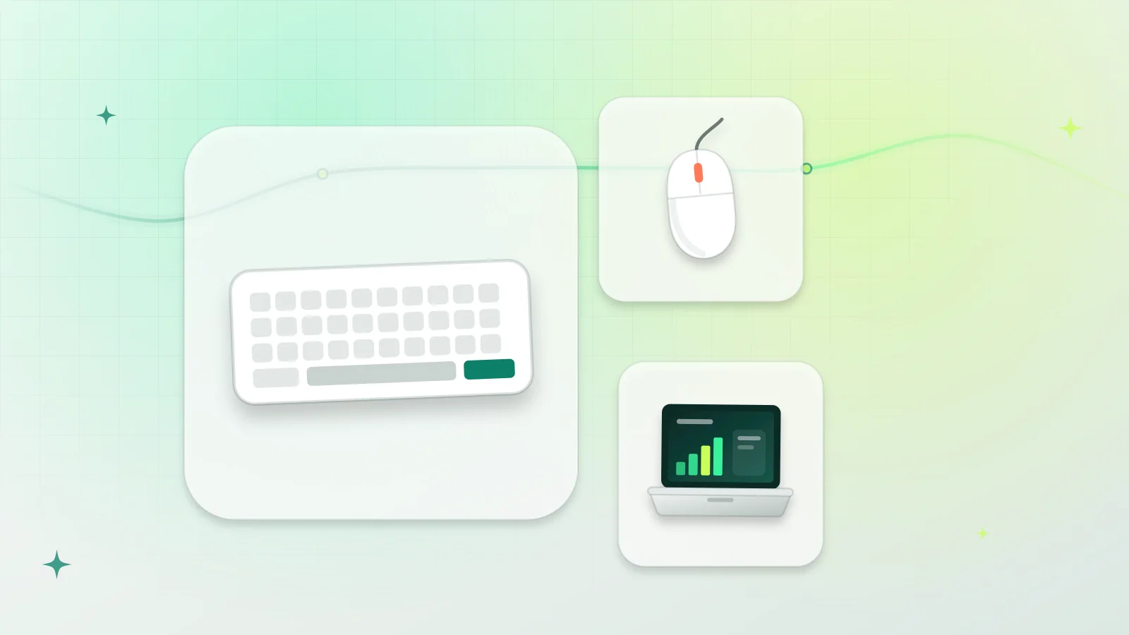 Illustration of a keyboard, a wireless mouse and a laptop arranged as product tiles
