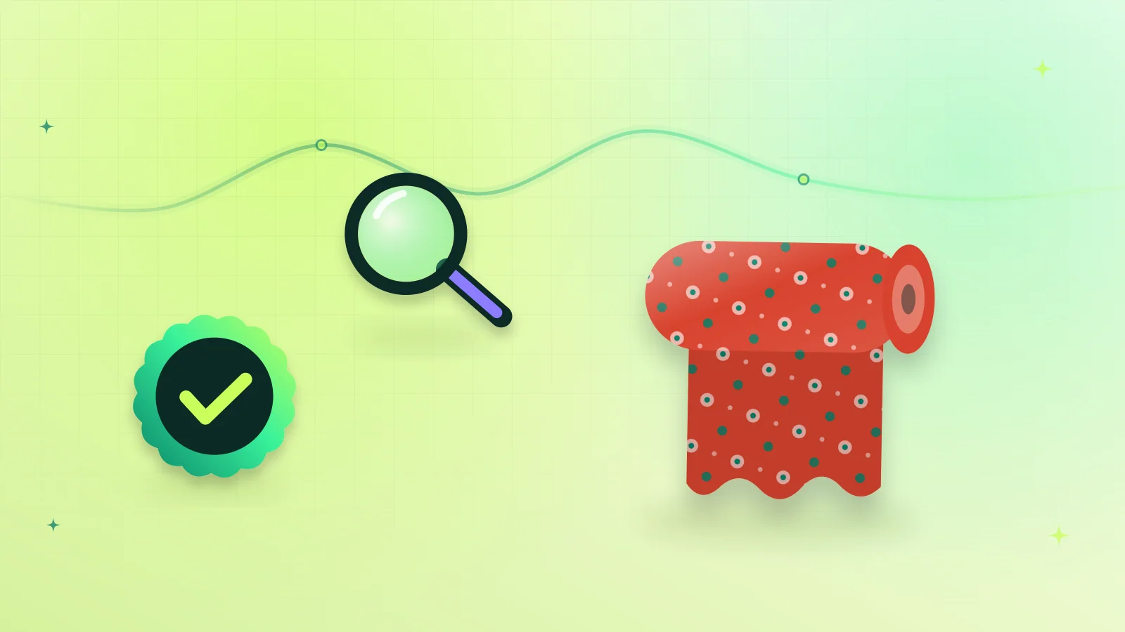 Illustration of a roll of printed lawn fabric examined with a magnifying glass beside a quality check badge