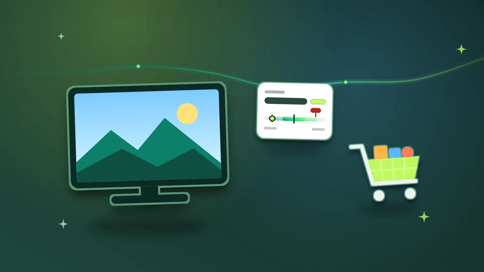 Illustration of a smart TV showing a landscape, a price range card and a shopping cart