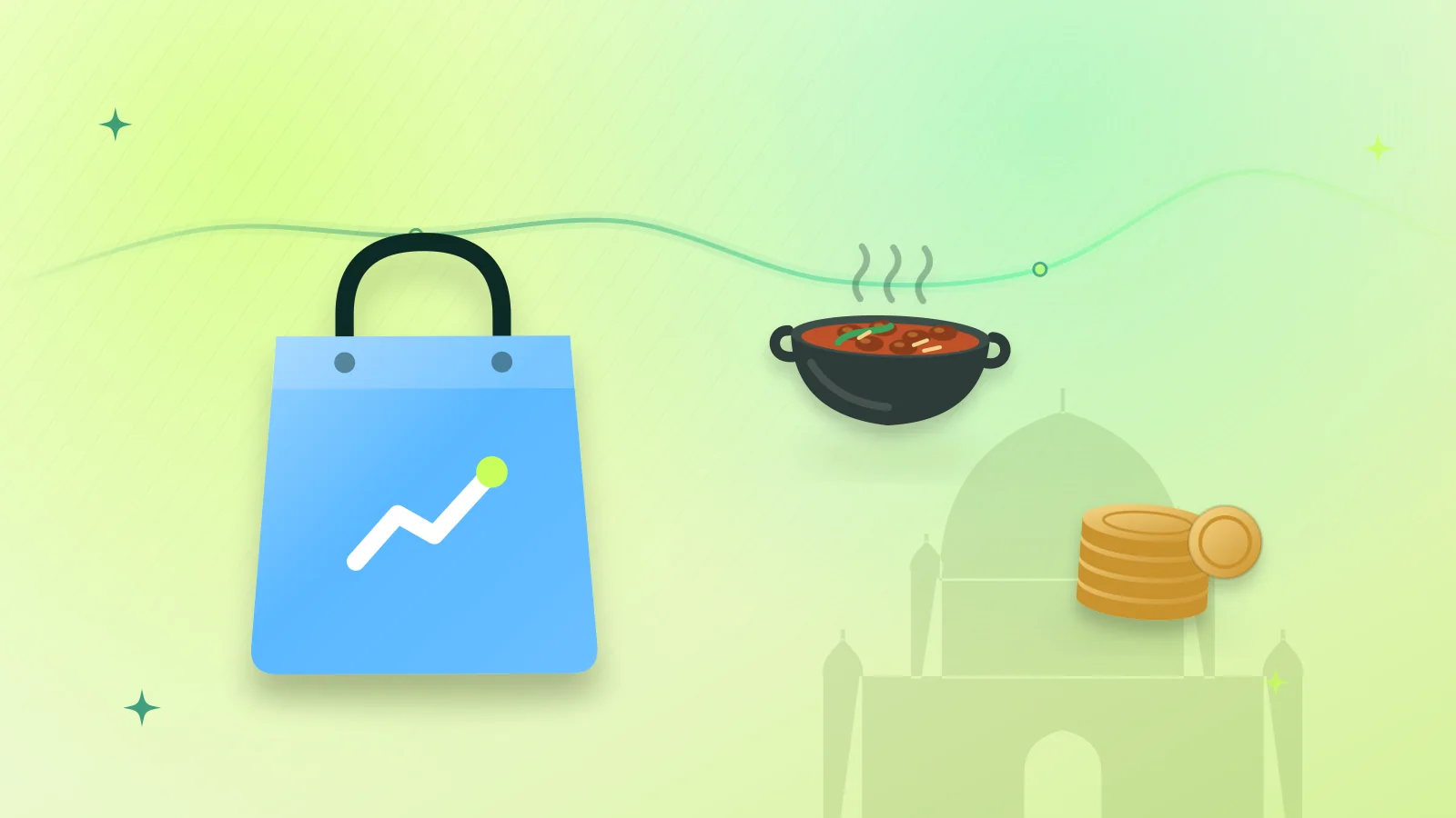 Illustration of a shopping bag of sweets, a karahi and coins in front of the shrine of Shah Rukn-e-Alam, Multan