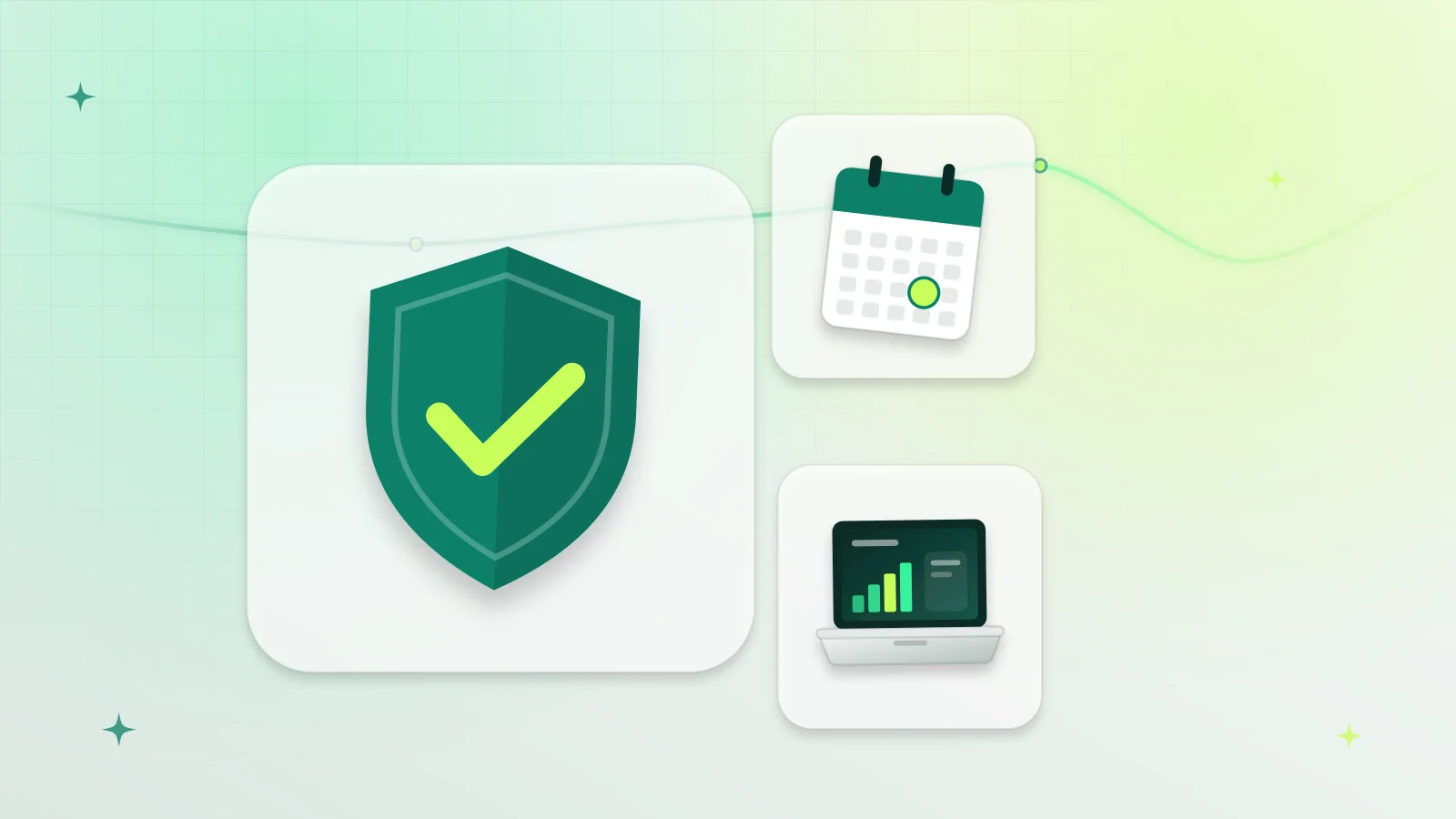 Illustration of a warranty shield, a calendar marking the warranty period and a laptop
