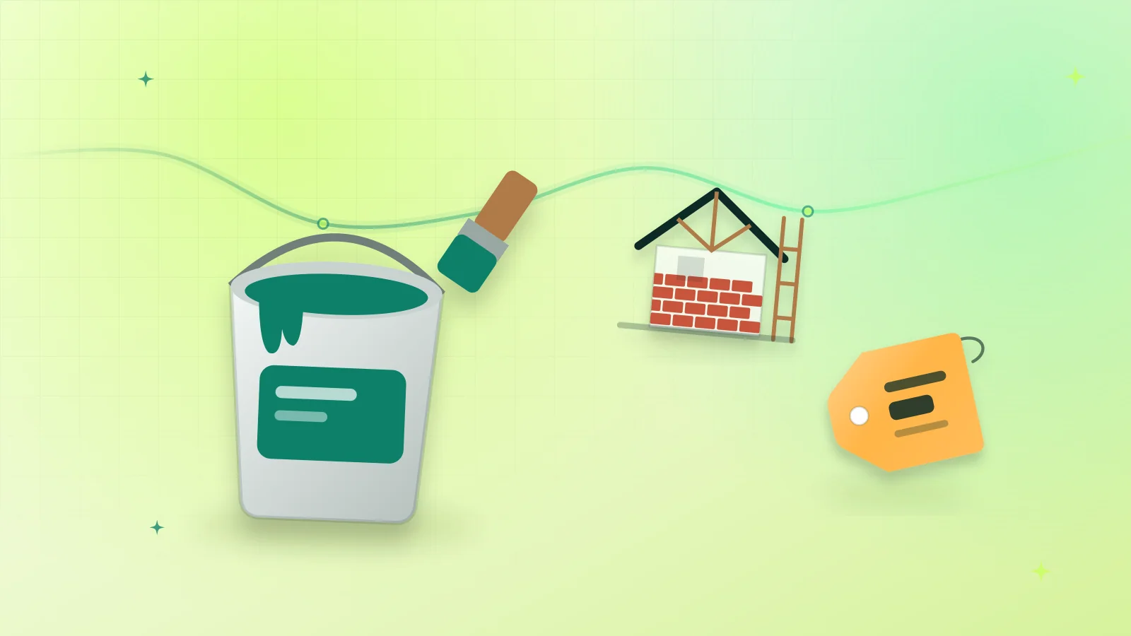 Illustration of a paint bucket with a roller, a house frame and a price tag