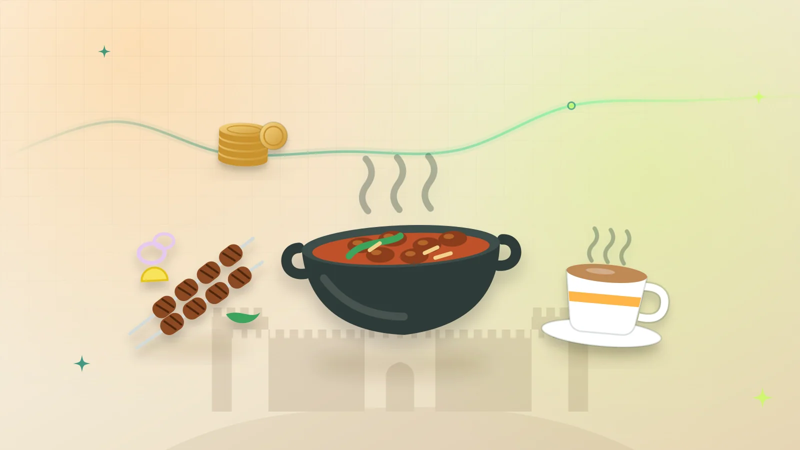 Illustration of a karahi, chapli kababs, tea and coins in front of Peshawar’s Bala Hisar fort